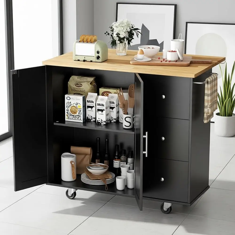 عربة جزيرة المطبخ المحمولة مع أدراج وخزانة، عربة أدوات دوارة لتناول الطعام والخدمة، باللون الأسود #1