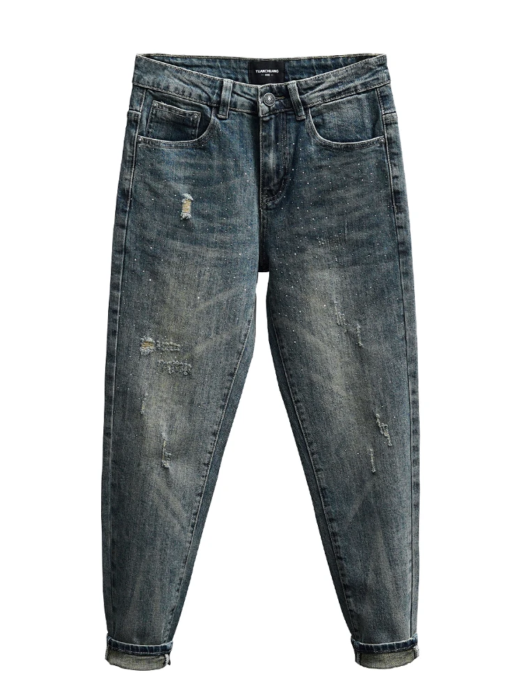 슬림핏 남성 청바지 찢어진 미국 빈티지 스타일 웨이드 코튼 폴리에스터 혼방 통기성 편안한 신축성 있는 나인텐스