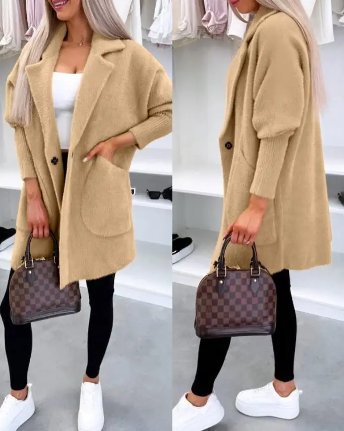 Women's Jacket 2025 Spring Autumn New Solid Color Turn-Down Collar Long Sleeve Casual Pocket Design Button Long Jacket Coat