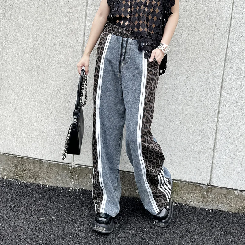 

Women Jeans Wide Leg Pants Leopard Print Patchwork Elastic Waist Drawstring Washed Distressed Denims 2025 Vintage Trousers