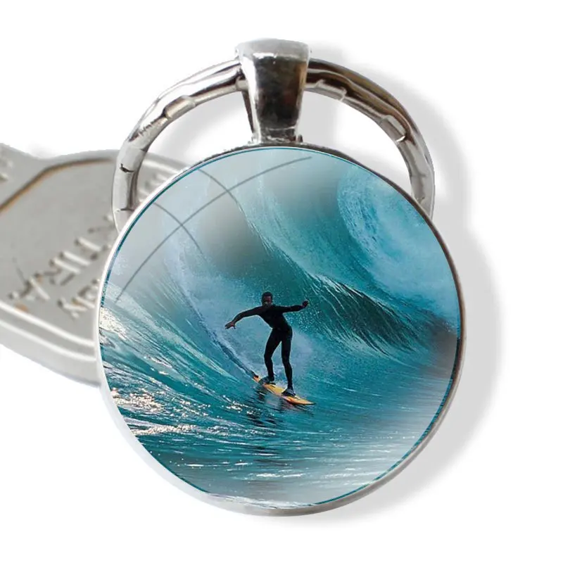 Summer beach surfboard surfing Keychain Handmade Glass Cabochon Key Ring Holder Pendant Key Chains