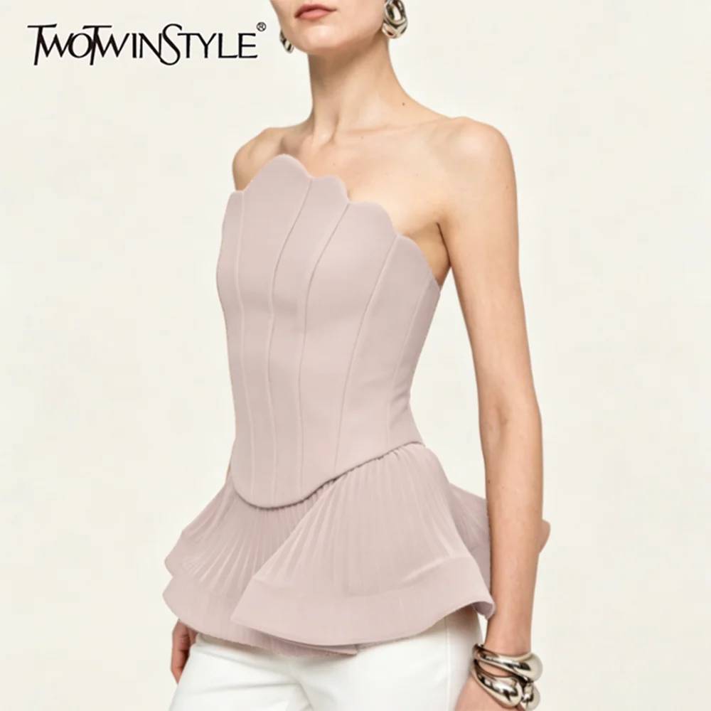 TWOTWINSTYLE Pink Loose Spliced Folds Chic Vests for Women Strapless Sleeveless Elegant Gentle Vest Female Summer Fashion New