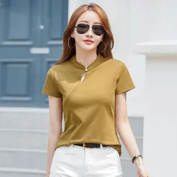 #0415 Black Red Yellow Vintage T Shirt Stand Collar Hollow Out Slim Fit Cotton 95% Womens Tee Shirts Short Sleeve Chinese Style