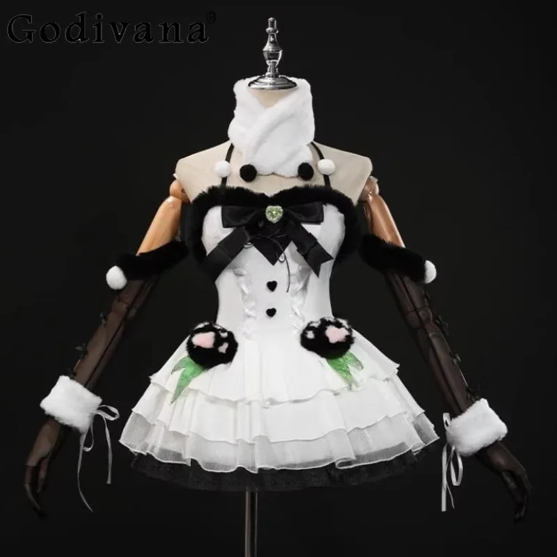 أبيض وأسود كتلة اللون تأثيري حلي المرأة هالوين القوطية مهرج فستان مجموعة أنثى الكرتون أنيمي كوس فستان الزي