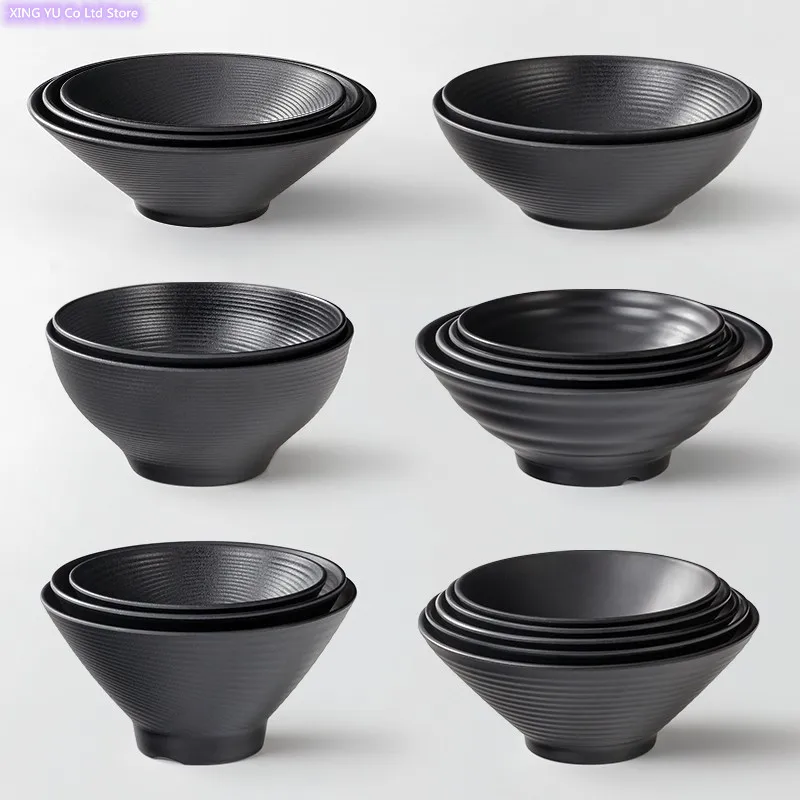 Melamine Tableware Black Matte Stripe Ramen Bowl Plastic Bowl Household Rice Bowl Salad Bowl Kitchen Supplies Multiple Choices