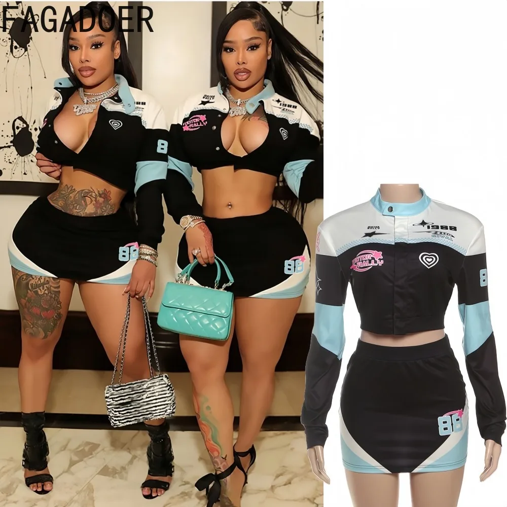 

FAGADOER Y2K Fashion Letter Print Woman 2 Piece Set Outfit Moto Long Sleeve Zipper Crop Top and Skirt Suit Female Streetwear New