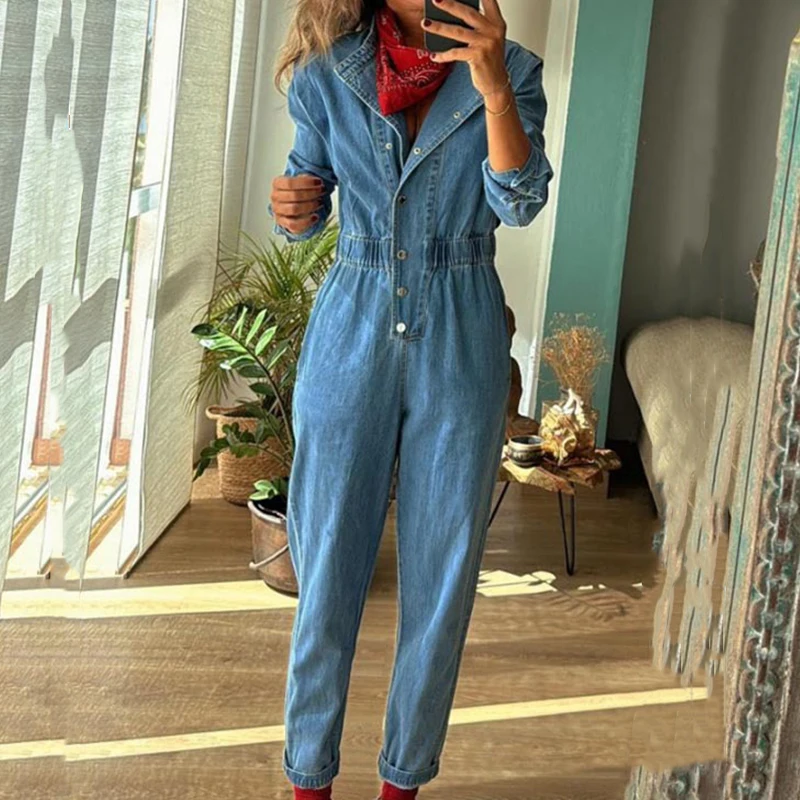 New Autumn Casual O Neck Pocket Denim Playsuit Retro Long Sleeved Slim Rompers Fashion Streetwear Elastic Waist Women Jumpsuits