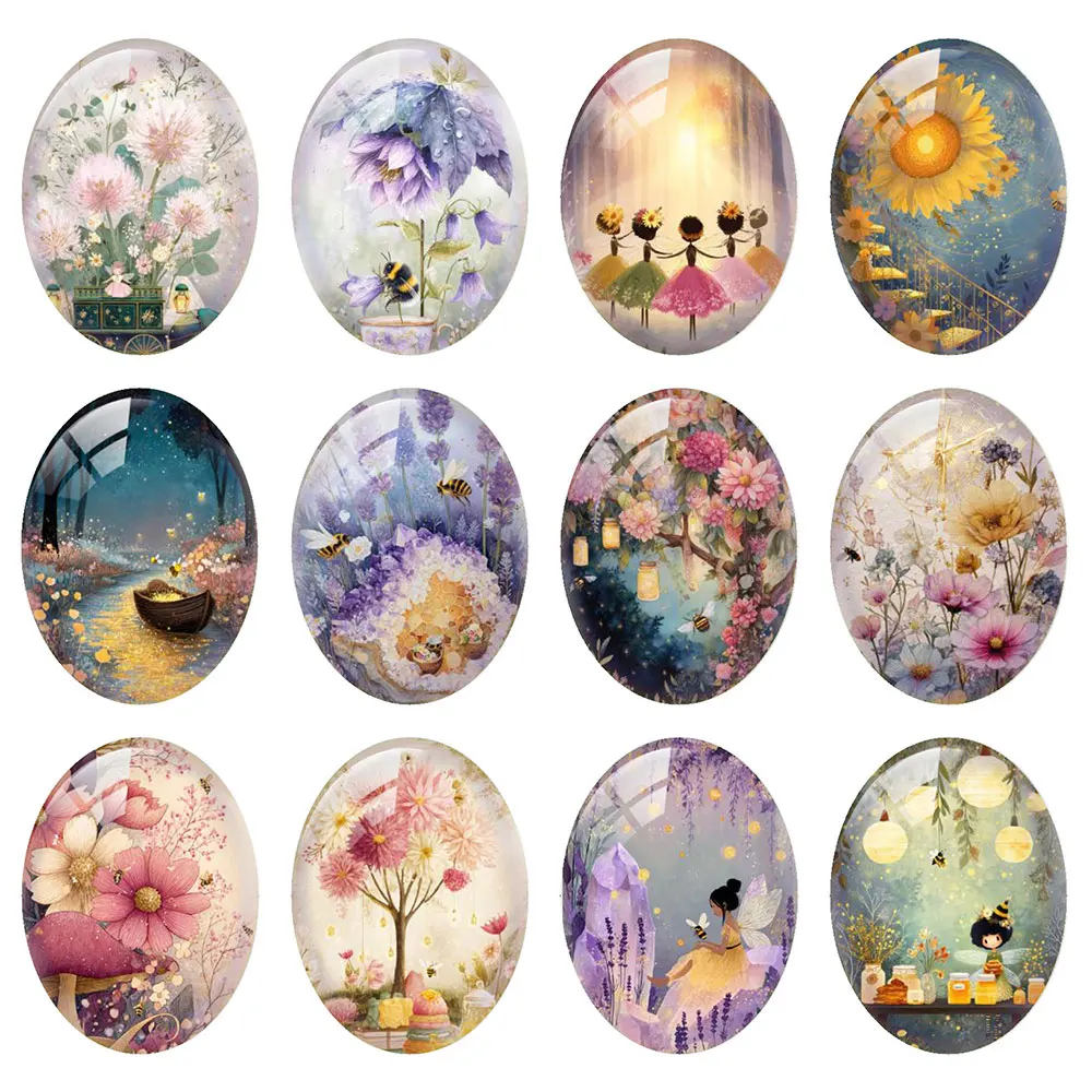 Random Mixed Round/Oval/Square Fantasy Forest Fairy Flower Photo Glass Cabochon Flatback Demo Cameo For Diy Jewelry Making
