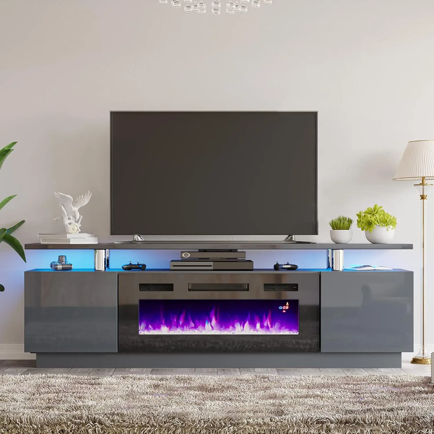 

Fireplace TV Stand with 36" Fireplace, 70" Modern High Gloss Fireplace Entertainment Center LED Lights, 2 Tier TV Console Cabine