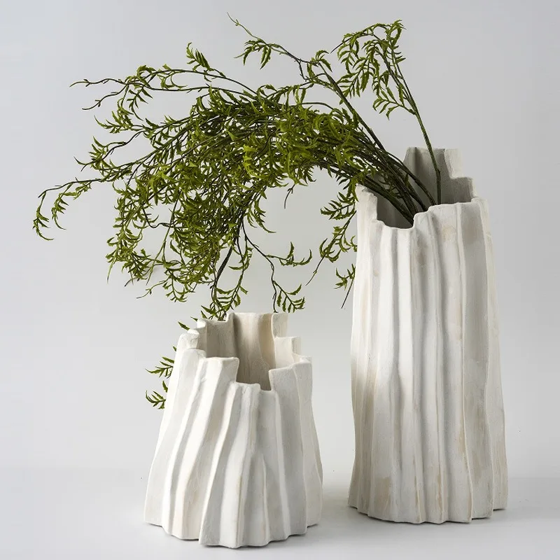 Nordic simple wrinkled ceramic vase, Art B & B cream-colored large flower ware, home furnishing model room soft decoration