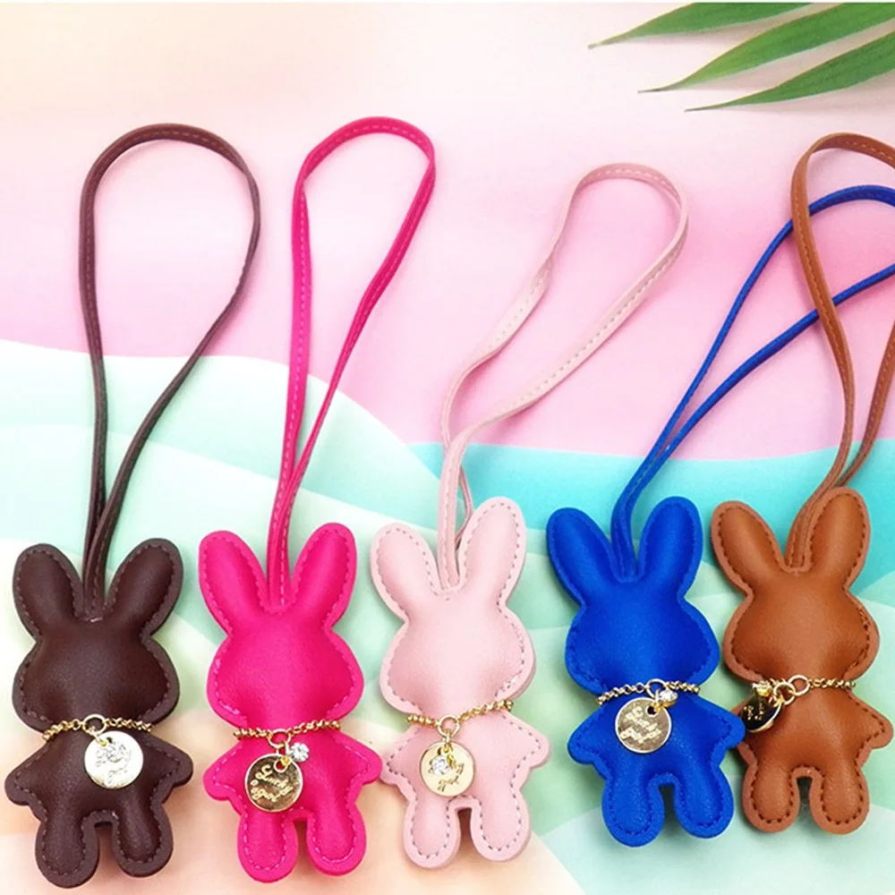 New Fashion Bunny Keychain Multipurpose PU Leather Bunny Charms Pendants Cute Female Keyring for Handbag View Mirror