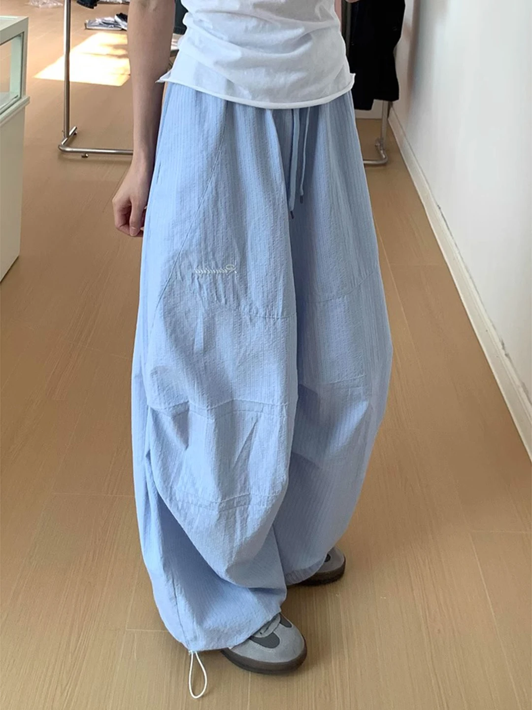 

Ice Blue Vertical Striped Loose Wide Leg Pants Qui Dry Bubble id Men Women Summer Casual Trousers American Sle Knife