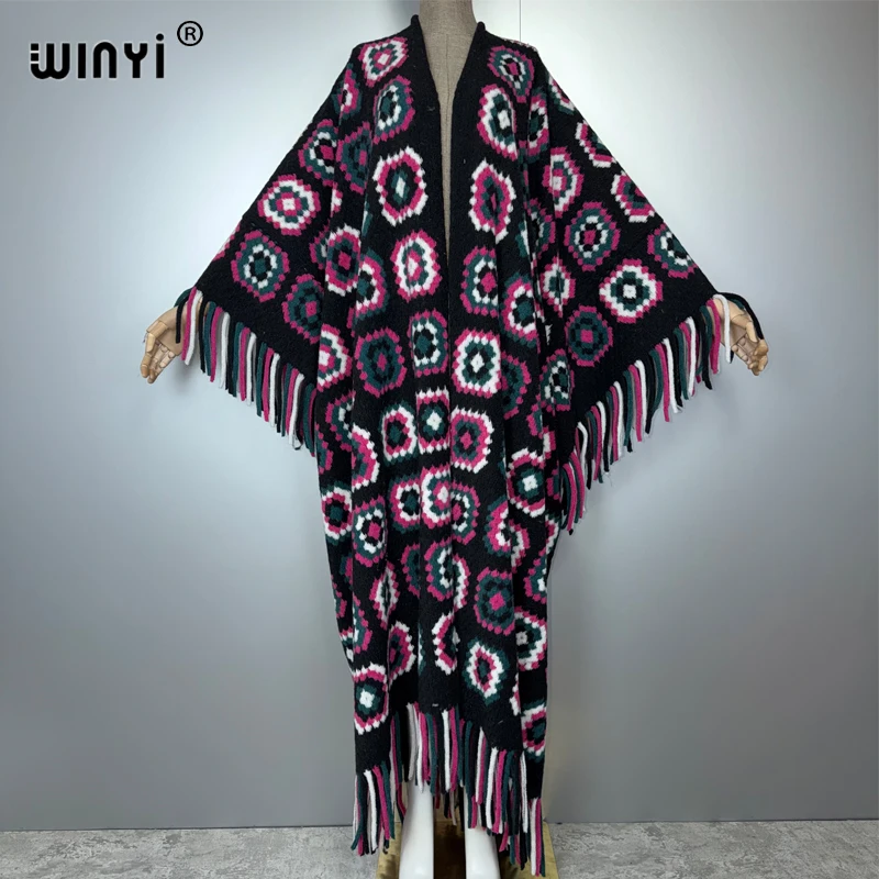 

WINYI Winter Women Fringed cardigan abaya dubai luxury Coat Loose OverCoat Female winter outerwears long down dress بالطو