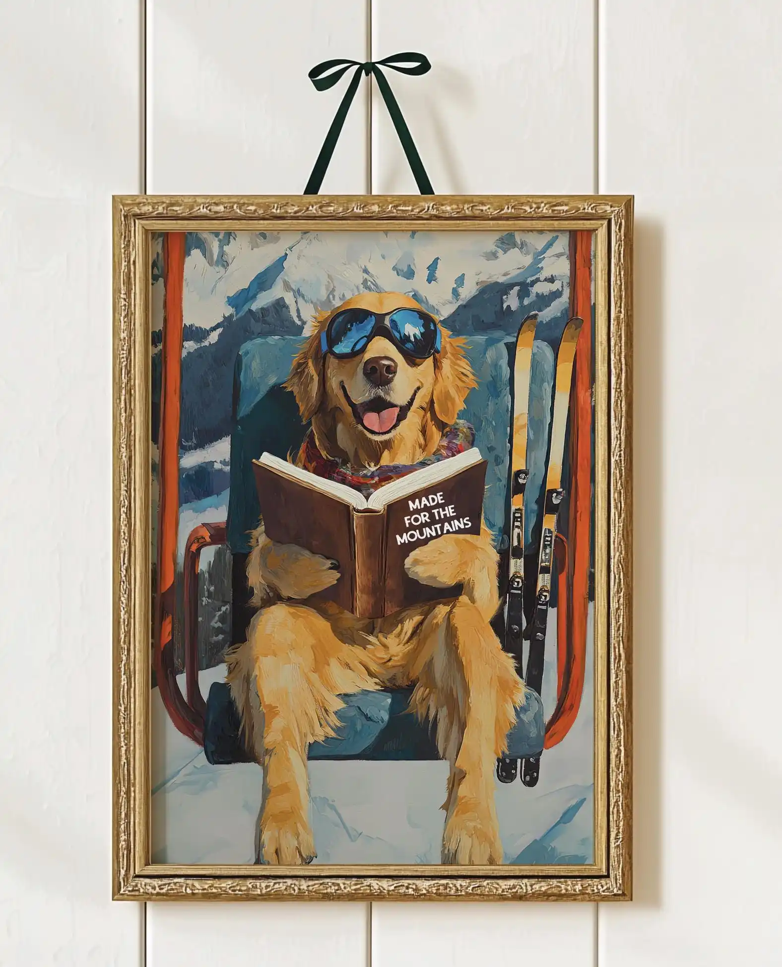 Modern Funny Dog on Ski Lift Winter Mountain Art Print Poster Unframed Lodge Wall Art Poster for Living Room and Bedroom Decor