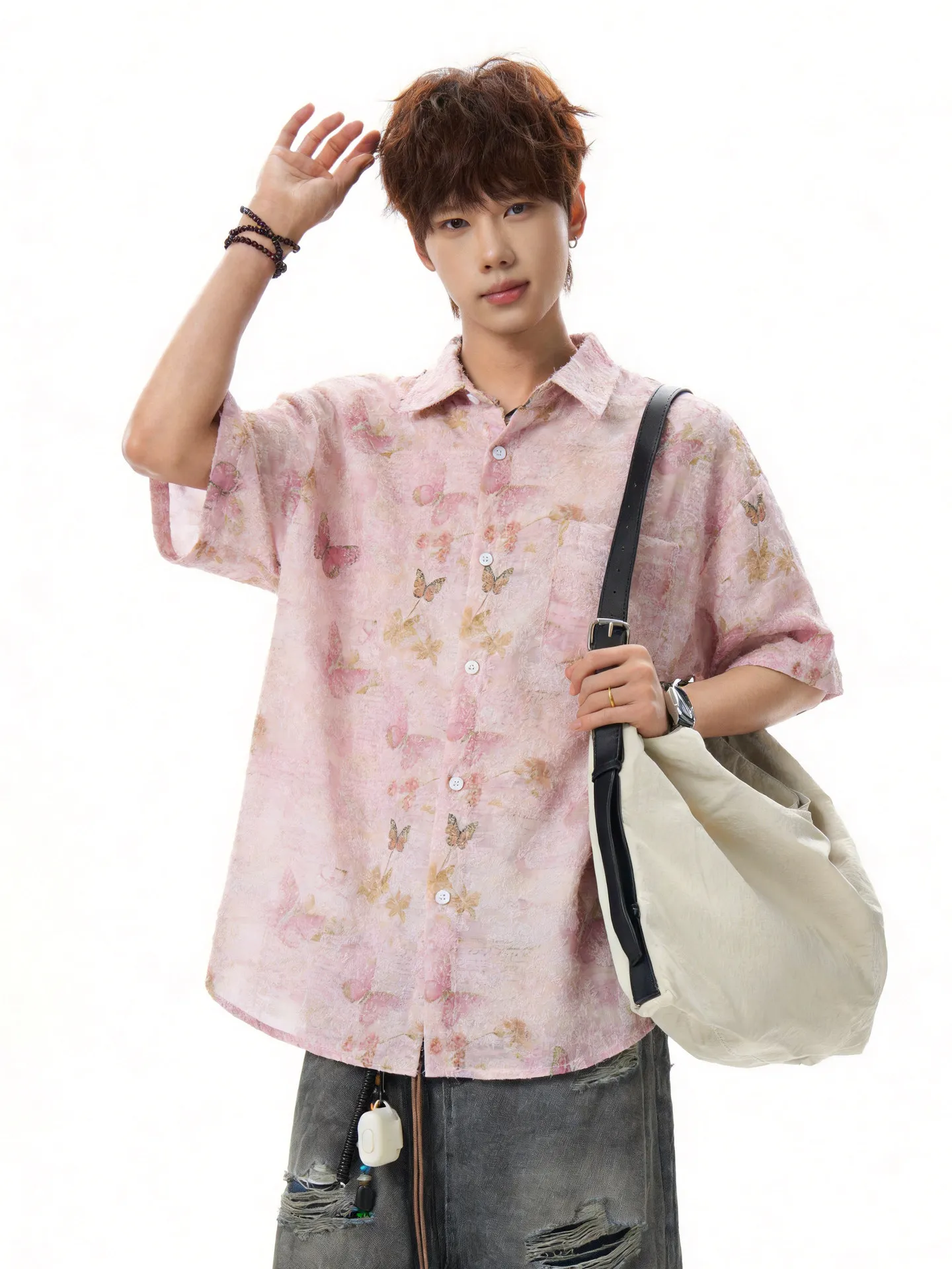 Men's Pink Butterfly Print Textured Short Sleeve Shirt Casual Loose Button Down Shirt Streetwear Hawaiian Blouse for Summer