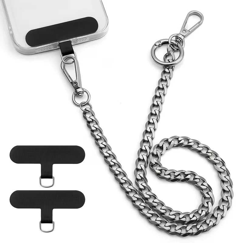 1set Heavy Duty Metal Belt Phone Anti‑Lost Chain with 2 Phone Patches for Smartphone Wallet Key Pants Chain