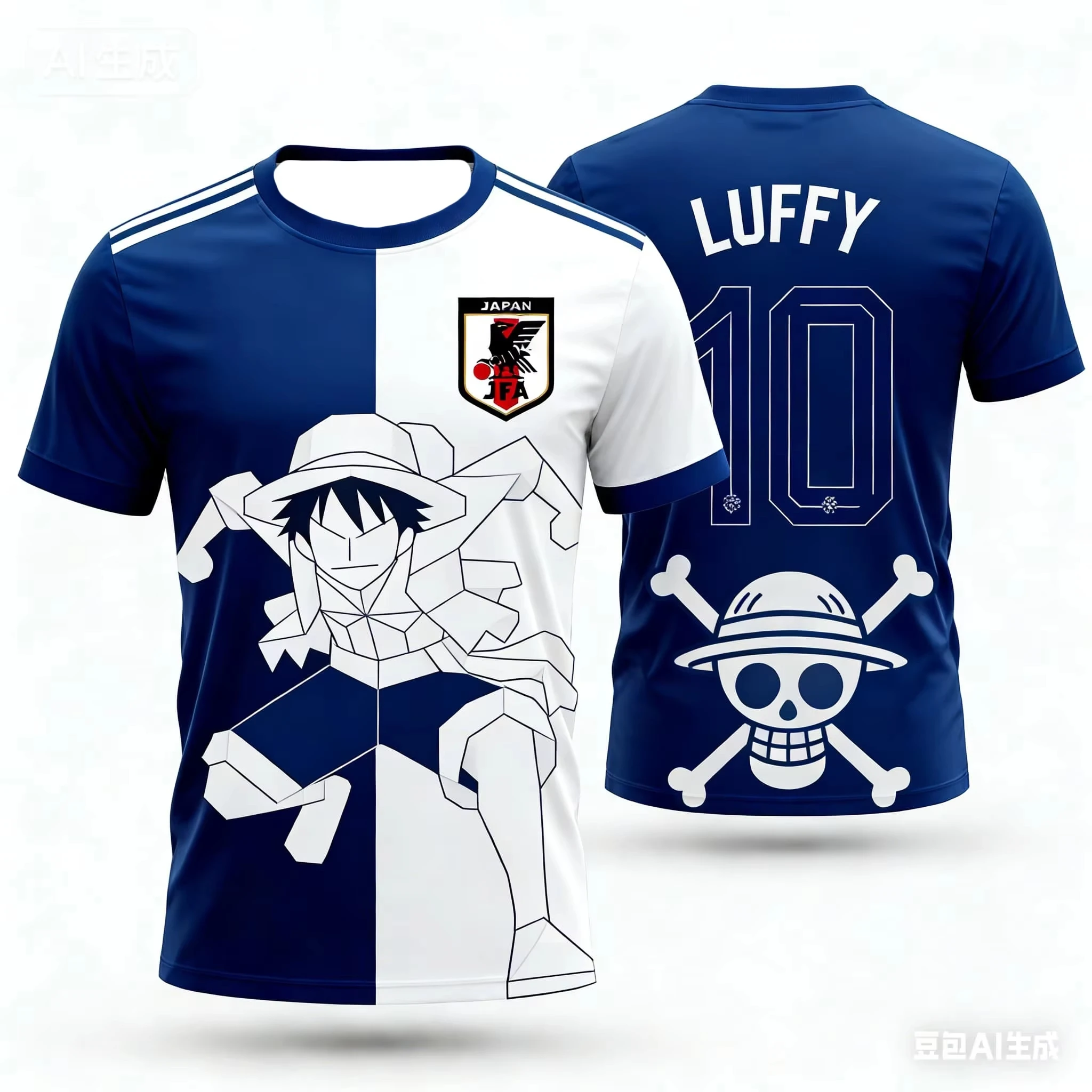 

Футбольная майка One Piece Luffy, сине-белая футболка с геометрическим принтом, доступны размеры для взрослых и детей, дышащий спортивный топ