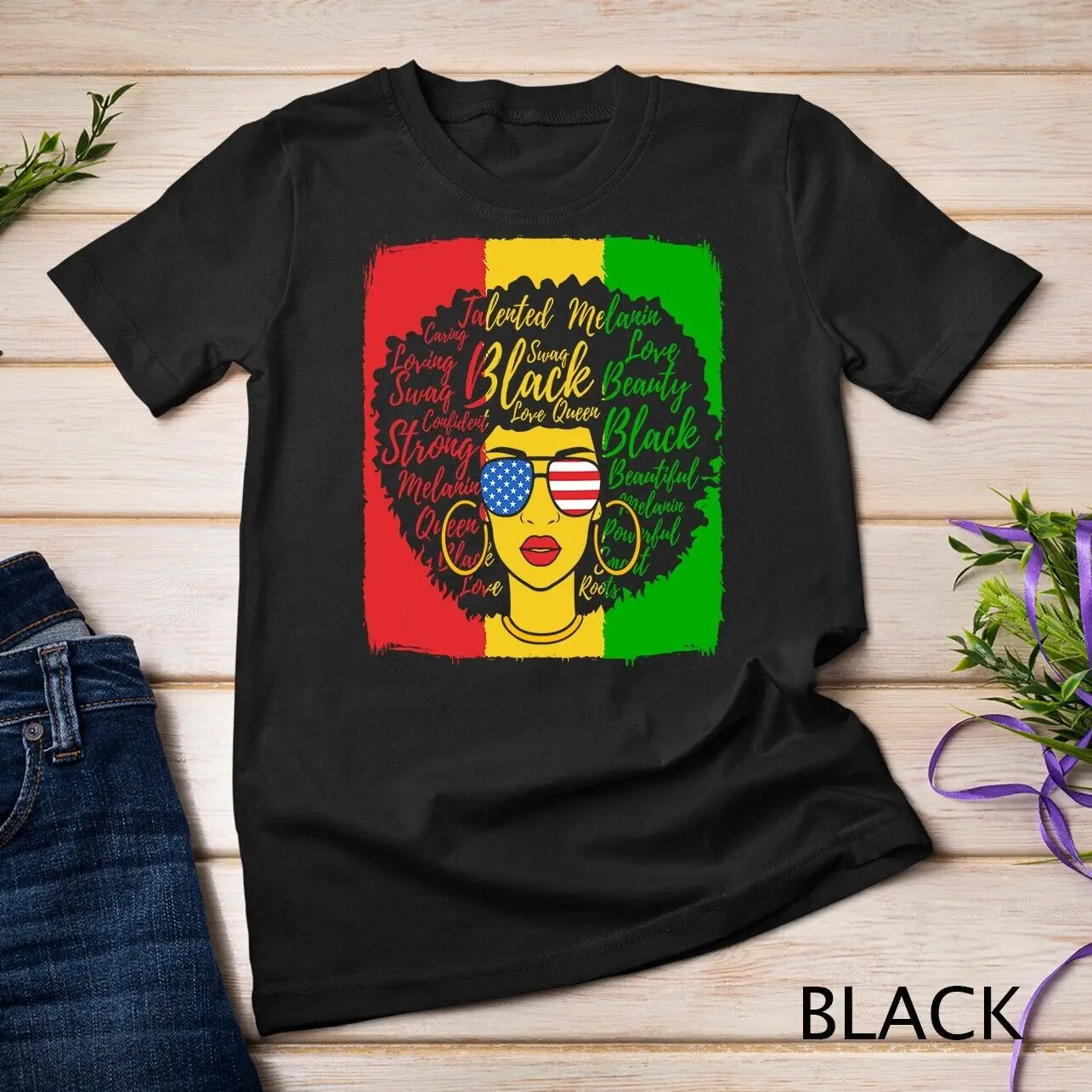 Juneteenth Black Afro Woman Queen African American Flag Unisex T-shirt