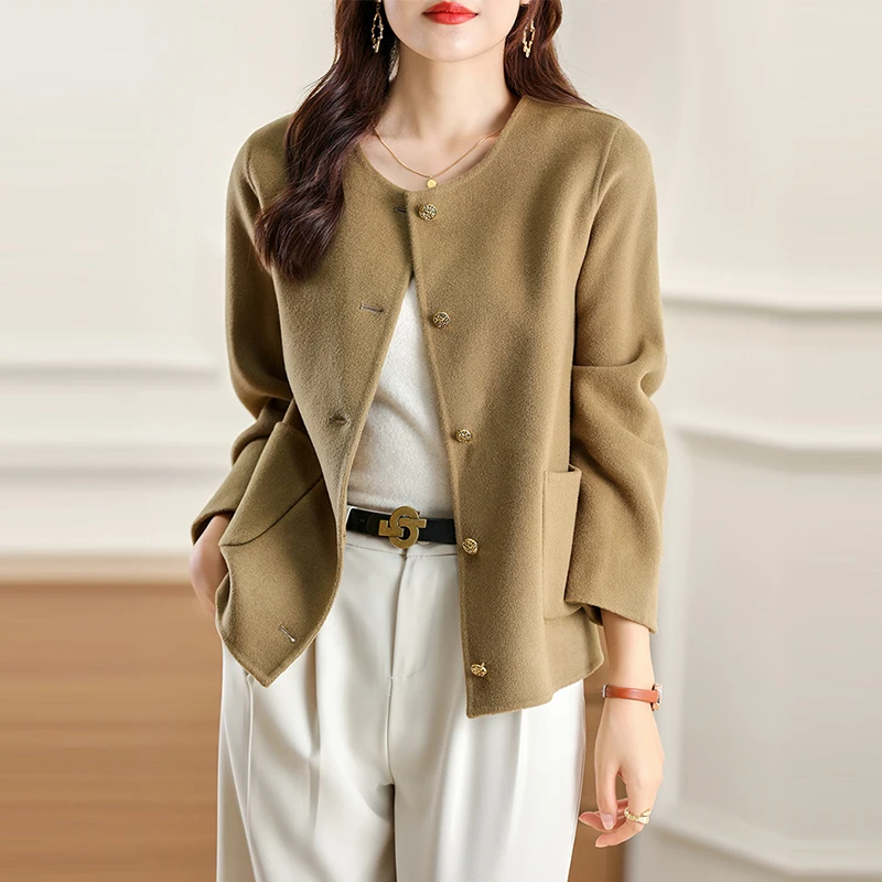 Autumn And Winter New Round Neck Double-Sided Wool Cashmere Coat Short Wool Coat With Wool Coat Pocket Woman