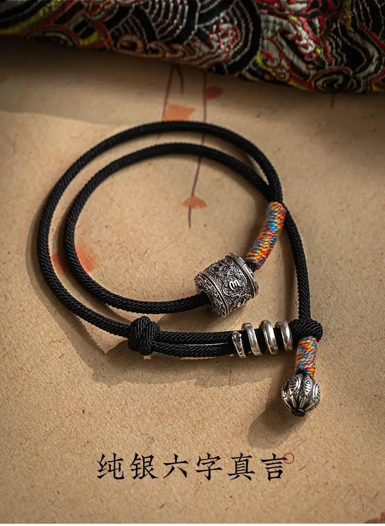 Tibetan Hand-woven HandRope Ethnic Style S925 Sterling Silver Six-character Mantra Lucky Bracelet for Men and Women Hand Jewelry
