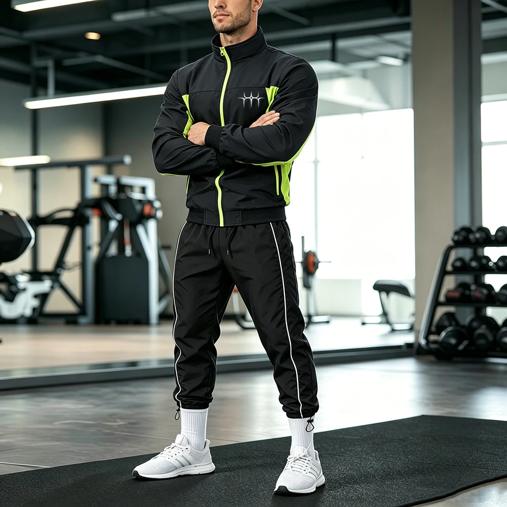 

Men Color Block Tracksuit Set Stand Collar Zip Up Jacket & Side Stripe Drawstring Sweatpants Symmetrical Spike Cross Star Print
