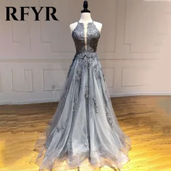 RFYR Gray A-line Evening Dress Corset Halter Vestidos De Noche Appliques Tulle Prom Dress with Pleat Sleeveless Long Party Dress