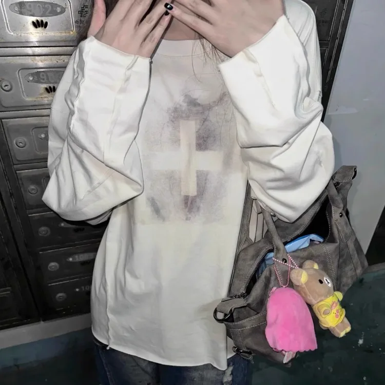 

Корейские модные футболки с круглым вырезом и принтом, весна-осень 2021, новый пуловер для женщин Y2k, свободные повседневные топы с длинными рукавами Mujer