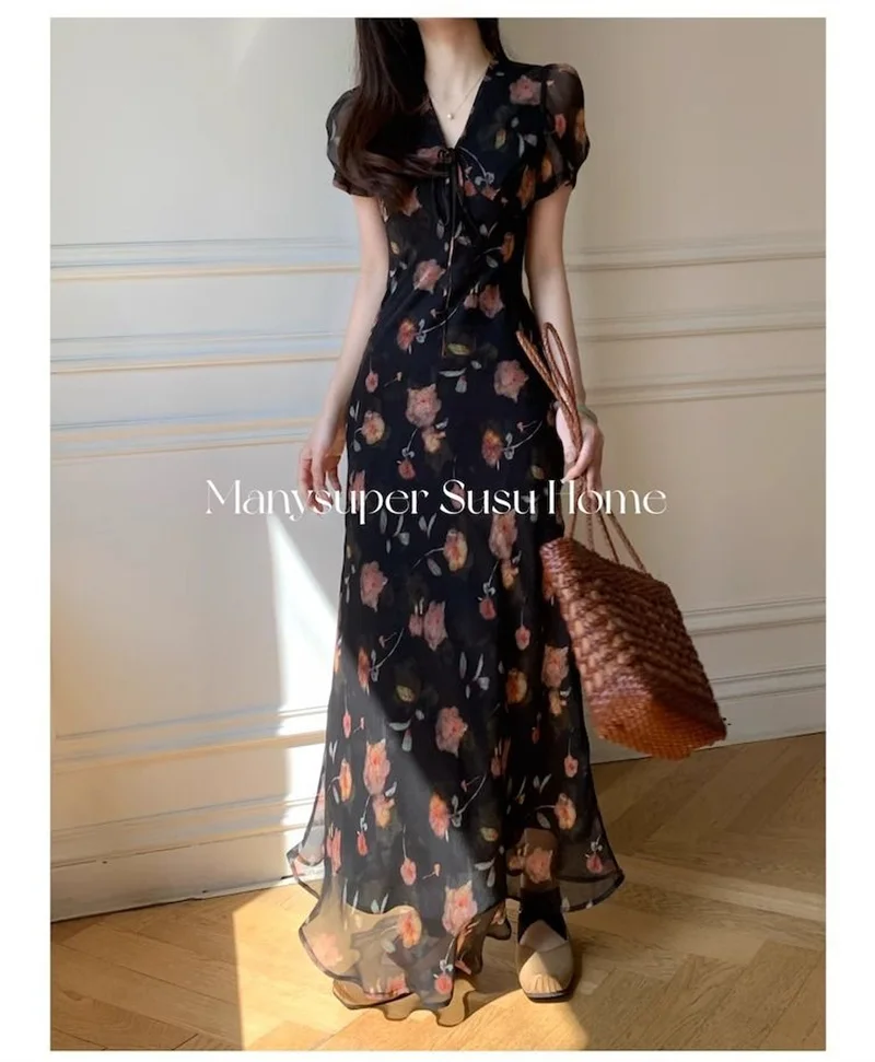 2025 Summer V-Neck Print Flower High-End Dress New Spring French Waist Slim Ruffled Mesh Dresses Women Dark Green - AliExpress 2025 Summer V-Neck Print Flower High-End Dress New Spring French Waist Slim Ruffled Mesh Dresses Women Dark Green - AliExpress
