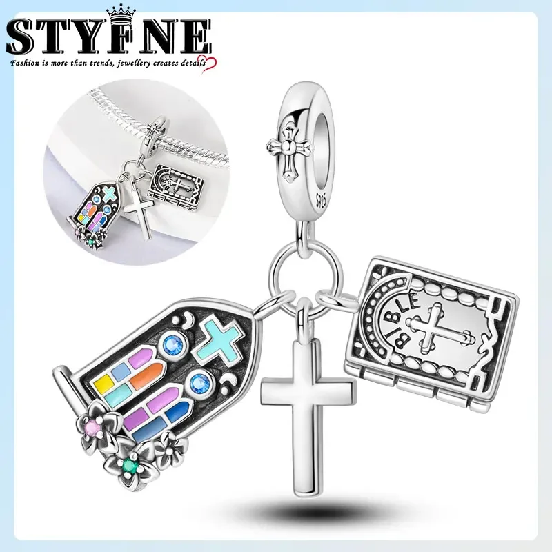 Symbols Beads 925 Sterling Silver Church Window Bible Cross Charms Bracelets Jewelry Gift