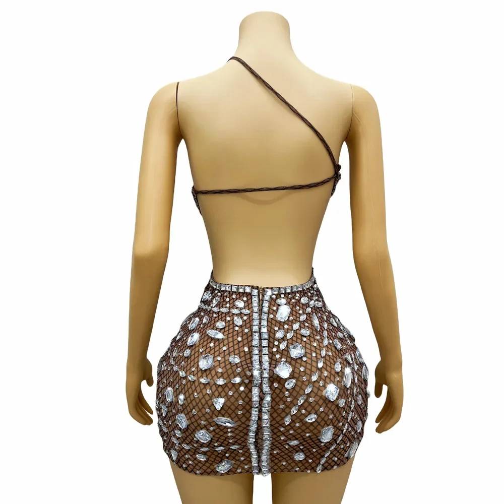 Club Nightclub Party Short Dress Women Singer Stage Performance Costume Sexy Backless Slanted Shoulder Tight Crystal Mini Dress