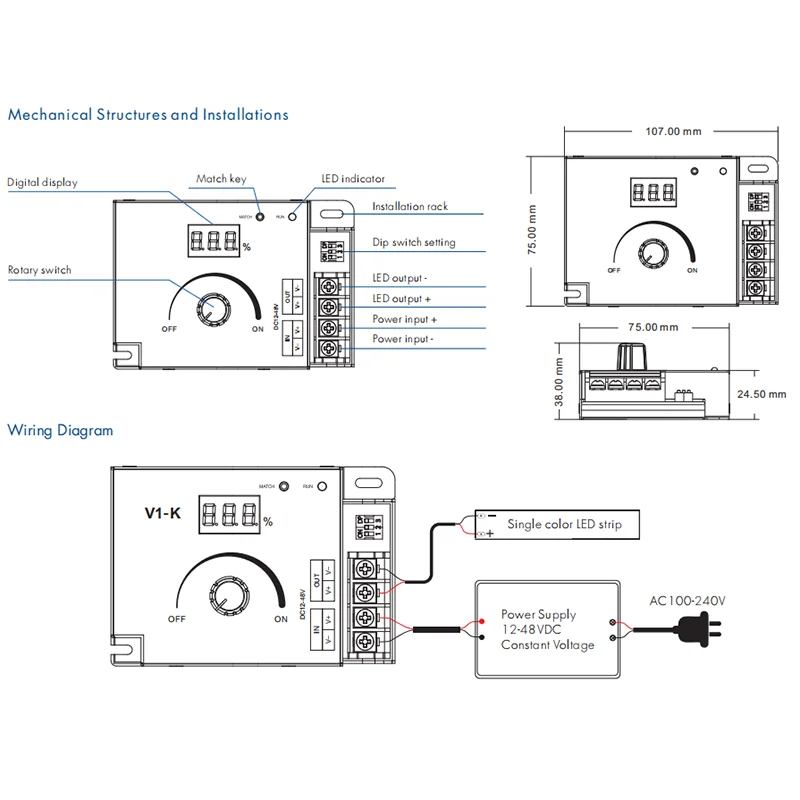 V1-K LED Strip Dimmer 12-48V DC PWM Frequency Adjustable 1CH 20A Rotary Knob 2.4G RF LED Dimmer Touch Remote Control Dimer