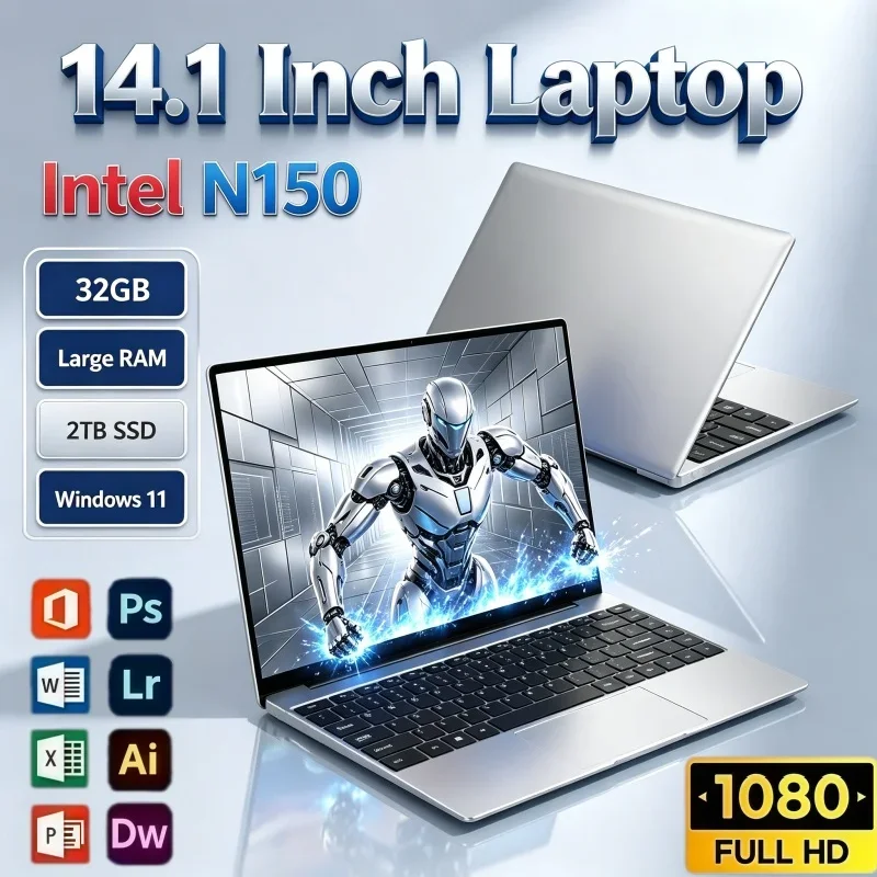 14.1" Ultra Thin Laptop PC Intel N150 32GB RAM 2TB SSD Windows 11 Notebook For Business Daily Office And Home Gaming