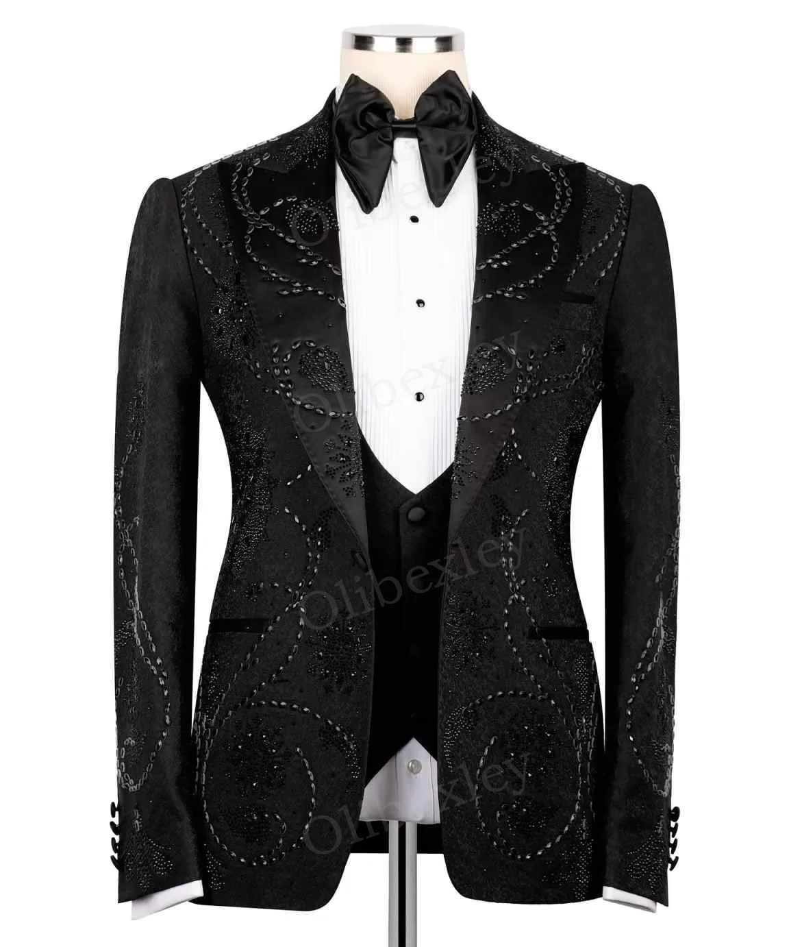 

Olibexley Men's Slim Fit Tuxedo Suit Shawl Lapel One Button Beaded Wedding Groom 2 Pieces Set Handsome Customized