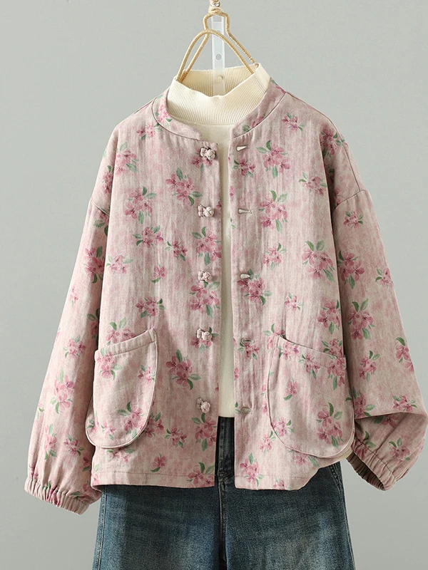 Authentic Vintage Button Print Cotton Linen Jacket Autumn Winter Casual Versatile Stand Collar Shirt Women's Short Outerwear