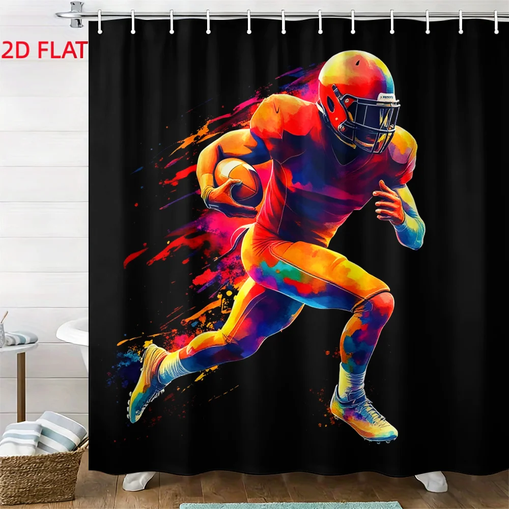 Shower Curtain 180x180cm Football Sport Mural Bathroom Decor Dynamic Athletic Man Workout Art Waterproof Curtain