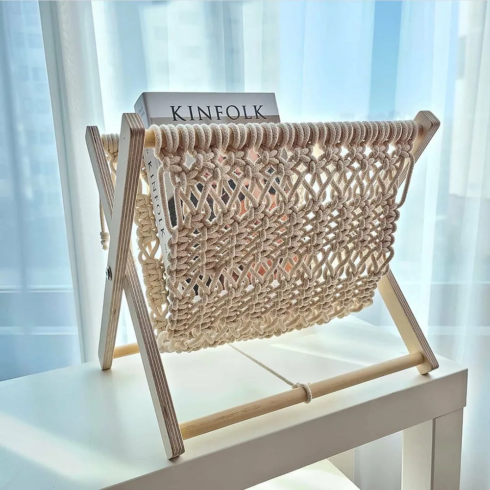 Handcrafted Magazine Rack Storage Shelf Cotton Rope Floor Standing Decorative Item for Homestay Decoration And Photo Props