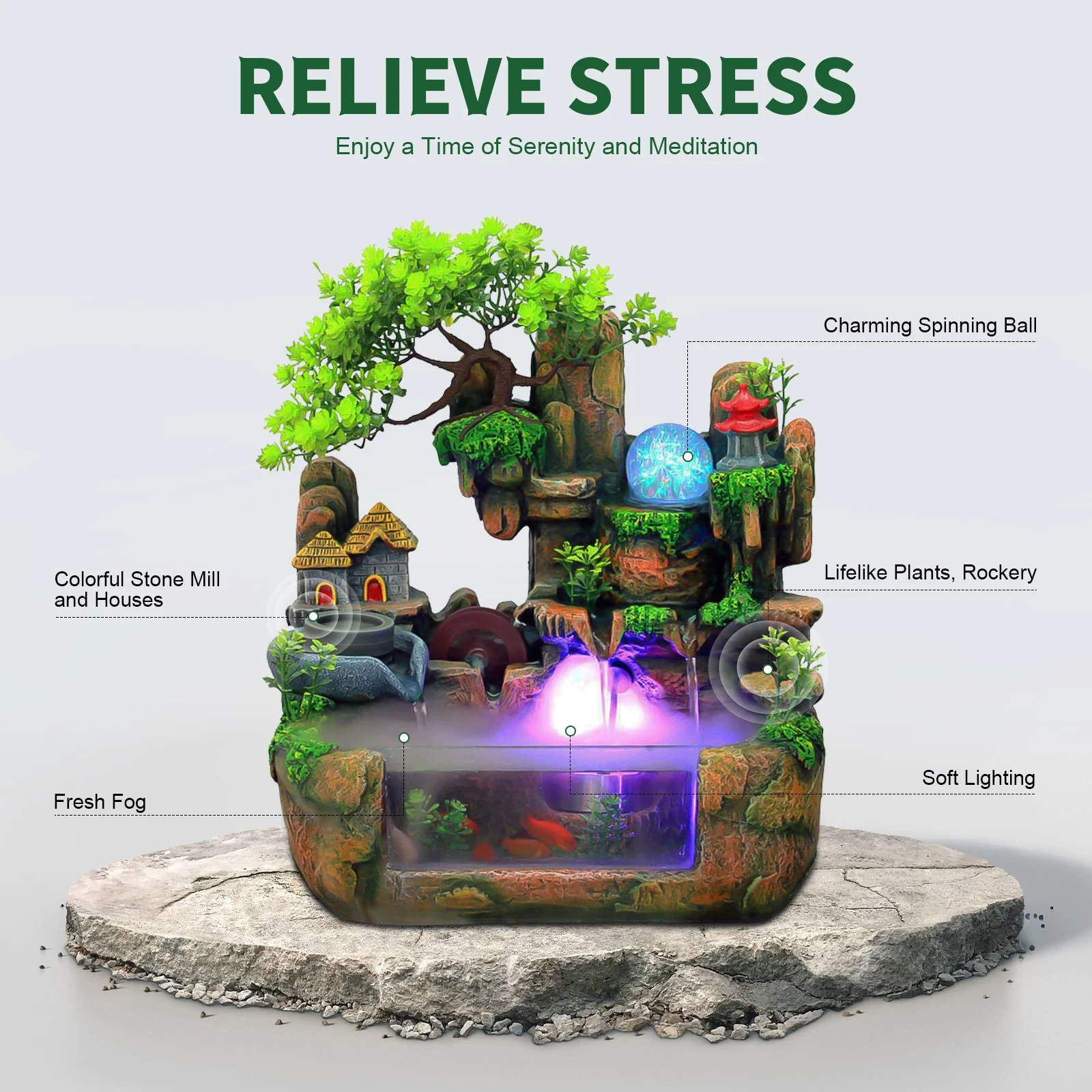 

110V 3.5W Resin Tabletop Water Fountain, with Atomizer & Auto Pump, Led Illuminated Waterfall, Zen Décoration for Meditation