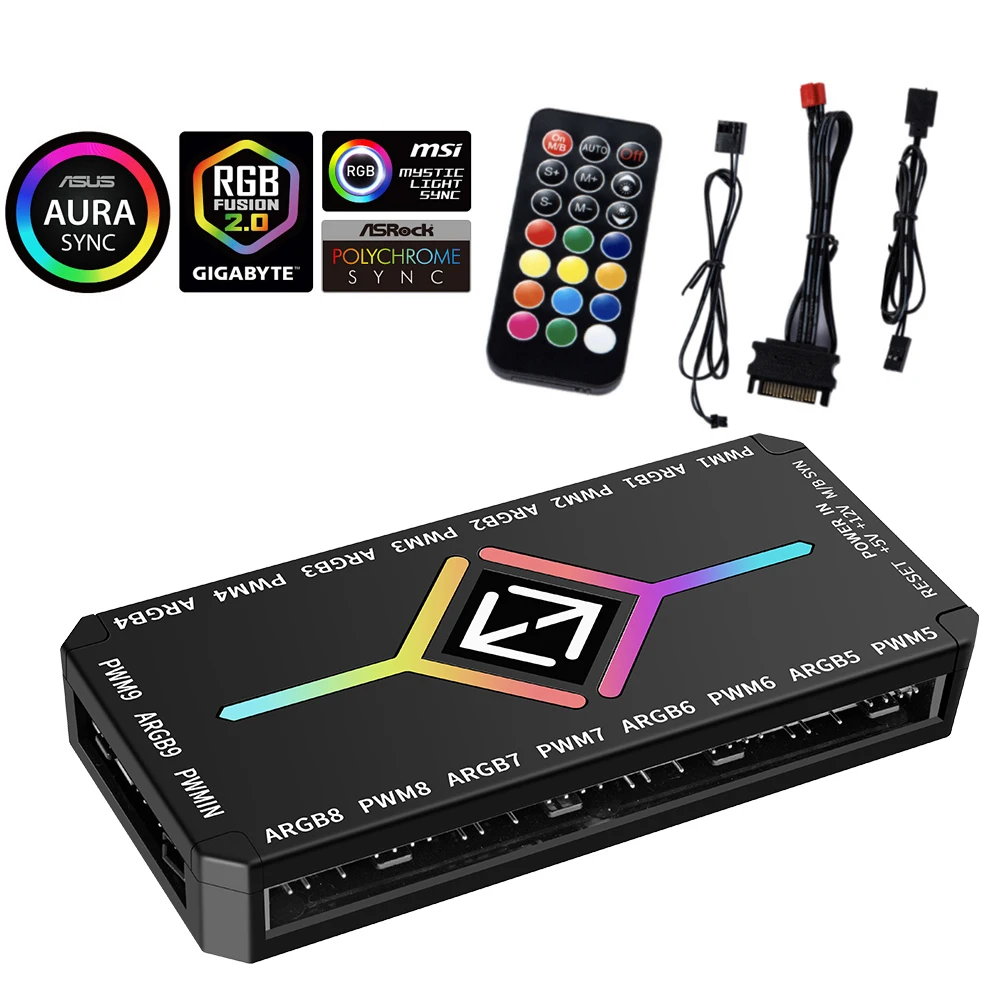 1 إلى 9 منافذ 3 في 1 5 فولت 3 دبوس ARGB تحكم محور مروحة التبريد مع جهاز التحكم عن بعد 4 دبوس PWM محور شفط مغناطيسي لمروحة حافظة الكمبيوتر #3