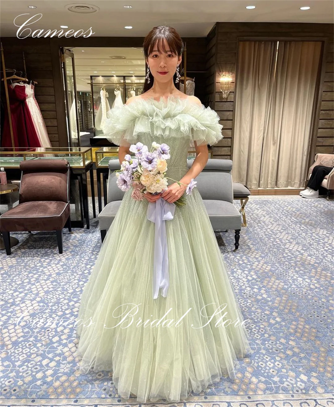 

SONDR Japan Off Shoulder Evening Dress Custom Made Formal Prom Dress Tulle Ruffles Mint 웨딩드레스 Occasion Party Evening Gown