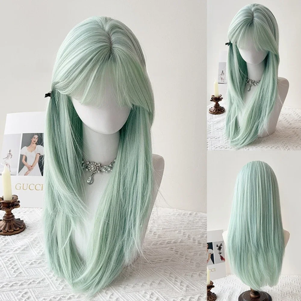 Green Wig for Women Cool Sense of Summer Light Green Wig with Bangs Jk Sweet Natural Simulation Human Hair Headband Wigs 가발