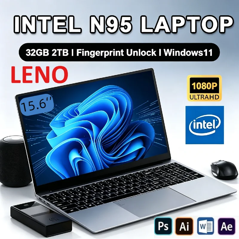 

NEW LENO 15.6 Inch Laptop Intel N95 32GB DDR4 2TB SSD 7500mAh Long Battery Backlit Fingerprint Windows11 Gamer Office PC