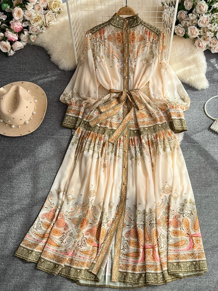 

Women Fashion Vintage Elegant Party Long Dress Spring Autumn Lantern Sleeves Stand Neck High Waist Slim A-line Print Robe