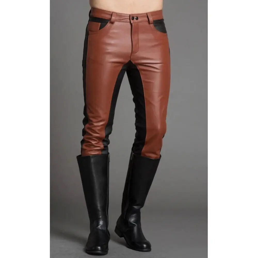 Men's Leather Real Jeans Style Tan/Black Pant Handmade Lambskin Trousers LP-083