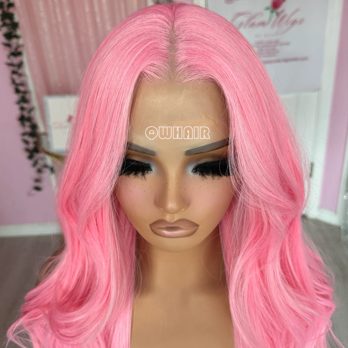 QW Synthetic Hair Pink Body Wave Soft  13X4 Lace Front Wig For Women Hair Heat Resistant Fiber Cosplay  Daily