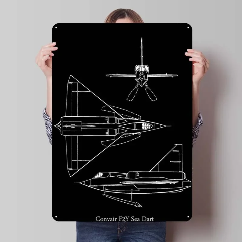 Convair F2Y Sea Dart Sign Fighter Blueprint Gamer Room Decoration Retro Metal Tin Sign Plaque for Wall Decoration Man Cave Decor