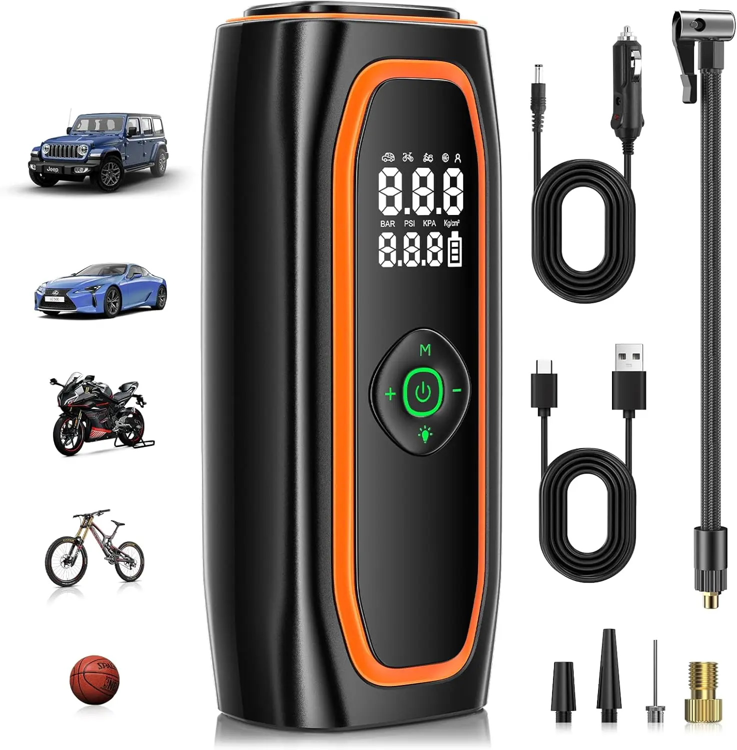

Portable Tire Inflator 220PSI Air Pump with 26000mAh Battery, Smart One-Click Inflator for Car, Motorcycle, Bicycle - Includes P