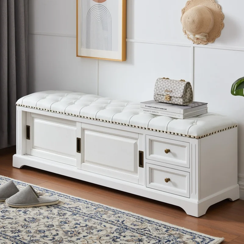 

White solid wood shoe changing stool household door shoe cabinet seat stool integrated light luxury simple European style