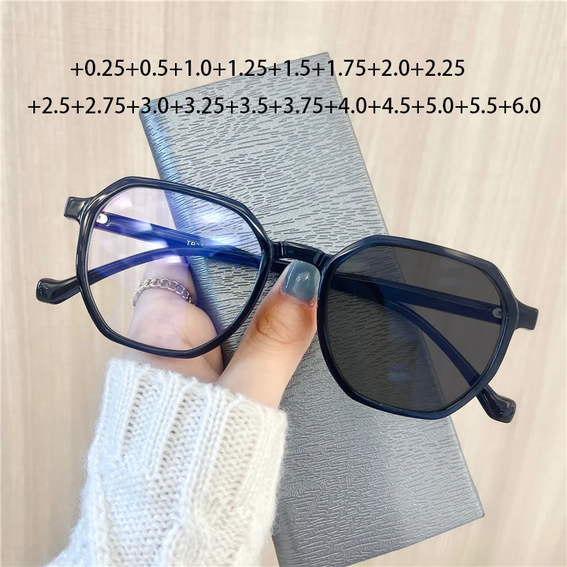 

New Women Polygon Photochromic Reading Sunglasses Ladies Small Frames Computer Glasses With Diopter +0.25 +0.75 +1.75 +4.5 +6.0