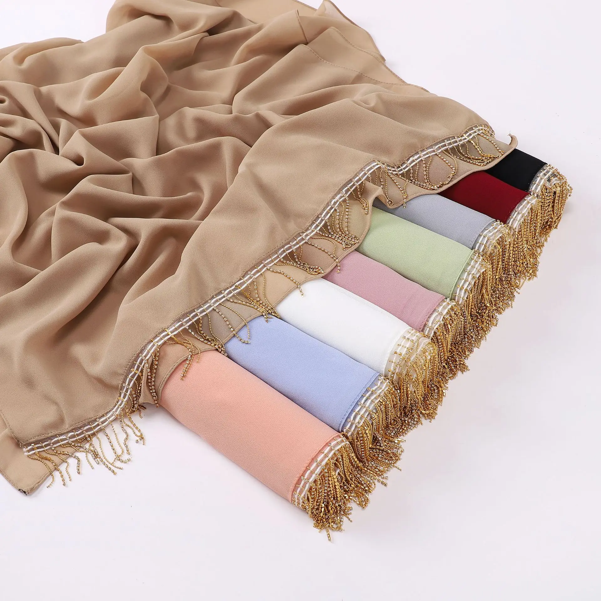 Bubble Pearl Chiffon Scarf High Quality Diamond Fringe Long Scarves Hijab Muslim Women Shawl Wrap Turban Veil Headscarf Bandanas