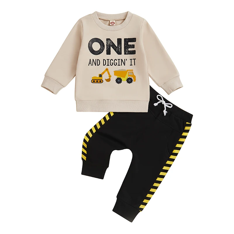 Toddler Boy Birthday Outfit Construction Truck Print Long Sleeve Sweatshirt Elastic Waist Pants 2 Piece Set for Fall Winter